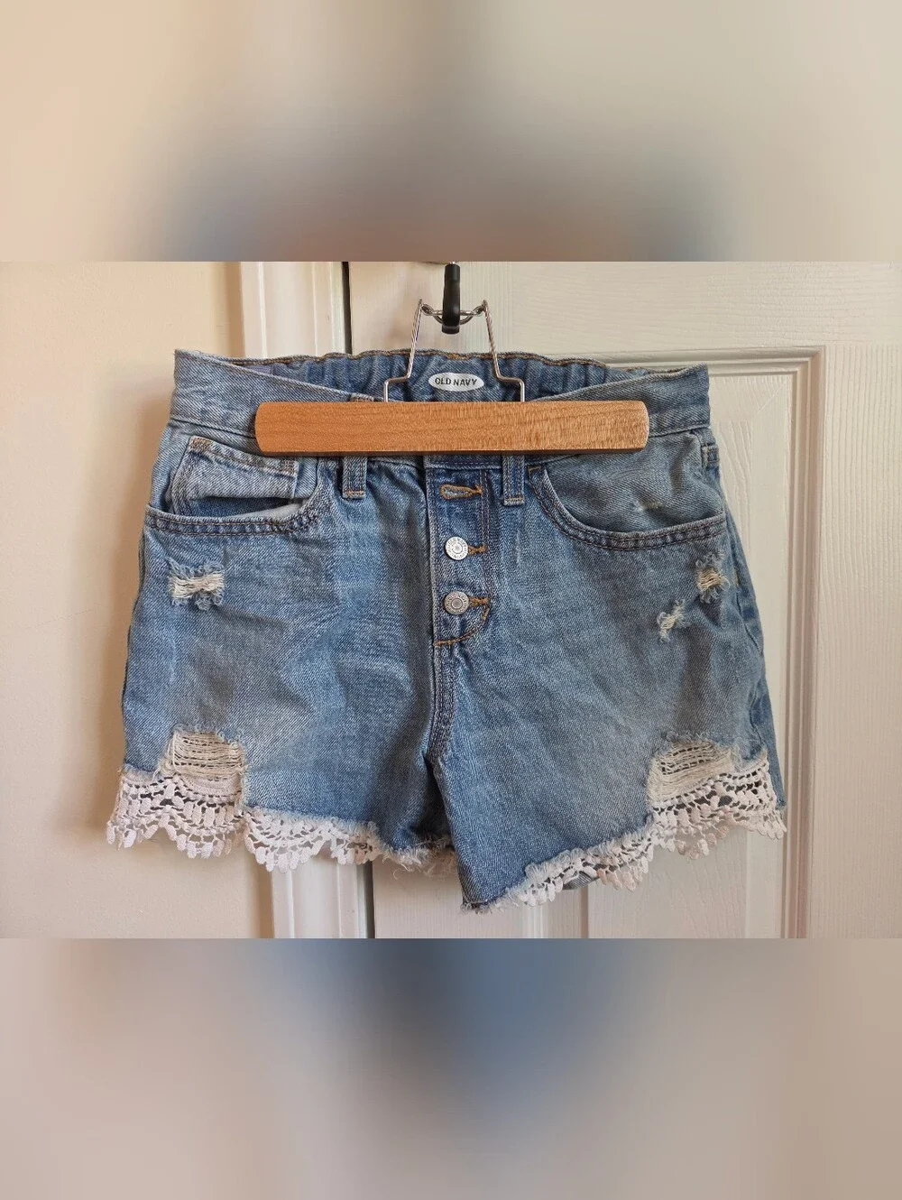 Old Navy Light Wash Denim Lace Trim High-Waist Shorts